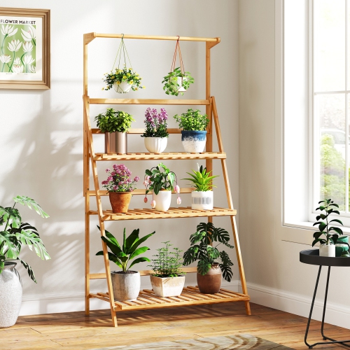 Gymax 3 Tier Hanging Plant Stand w/ Height Adjustable Hanger Rod Folding Flower Shelf