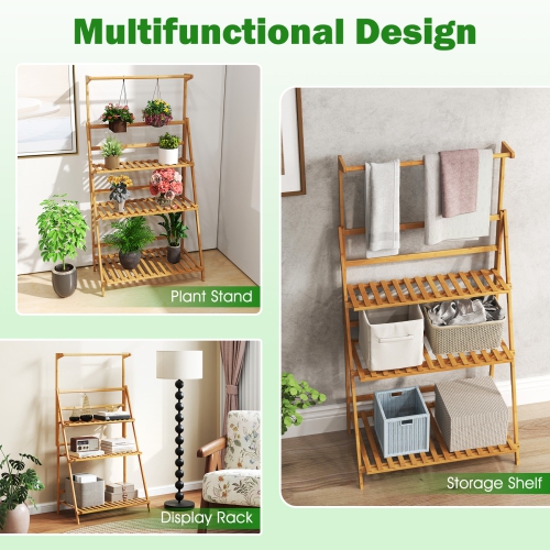 Gymax 3 Tier Hanging Plant Stand w/ Height Adjustable Hanger Rod Folding Flower Shelf