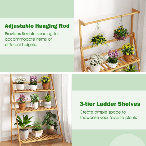 Gymax 3 Tier Hanging Plant Stand w/ Height Adjustable Hanger Rod Folding Flower Shelf