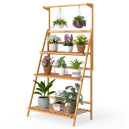 Gymax 3 Tier Hanging Plant Stand w/ Height Adjustable Hanger Rod Folding Flower Shelf