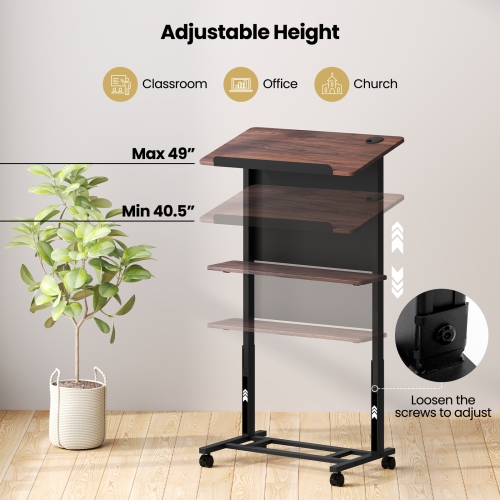 Gymax Rolling Podium Stand 40.5''-49'' Height Adjustable Lectern Table Mobile Pulpit