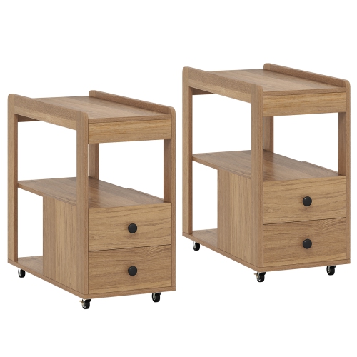 Gymax 2 PCS Narrow End Table Modern 2-Drawer Sofa Side Table w/ Open Shelves Nightstand