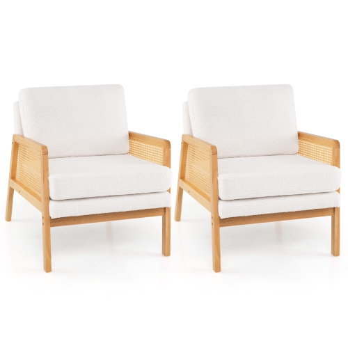 Gymax Set Of 2 Mid Century Modern Accent Chair Living Room Armchair w/ Rattan Arms