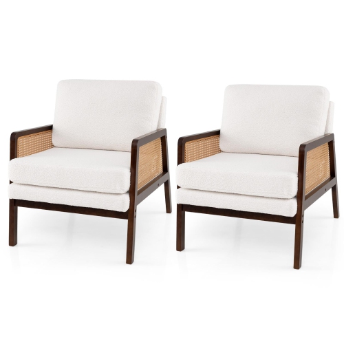 Gymax Set Of 2 Mid Century Modern Accent Chair Living Room Armchair w/ Rattan Arms