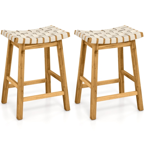 Gymax 4 PCS Woven Saddle Stools 25.5'' Faux PU Leather Counter Height Kitchen Stool
