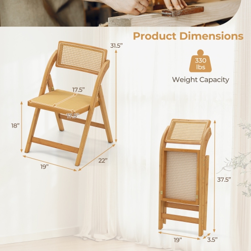 Gymax Rattan Cane Folding Chairs Set of 2 w/ Rotatable Backrests 330lbs Capacity