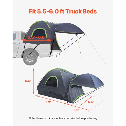 VEVOR 2-3 Person Pickup Truck Tent, Fits 5.5-6 ft Truck Tents for Camping, Waterproof PU2000 mm Sleeping Truck Bed Tent, Sturdy Shell with Expandable