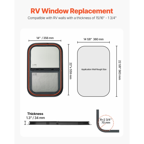 VEVOR 14" W x 22" H Vertical RV Window, Tinted Window with Net Screen & Trim Ring, Fit 15/16"-1 3/4" Thickness Wall, RV Window Replacement for Cargo