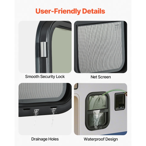 VEVOR 14" W x 22" H Vertical RV Window, Tinted Window with Net Screen & Trim Ring, Fit 15/16"-1 3/4" Thickness Wall, RV Window Replacement for Cargo