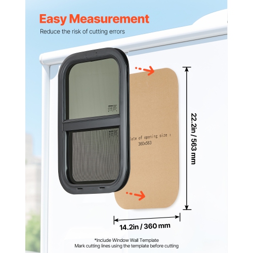 VEVOR 14" W x 22" H Vertical RV Window, Tinted Window with Net Screen & Trim Ring, Fit 15/16"-1 3/4" Thickness Wall, RV Window Replacement for Cargo
