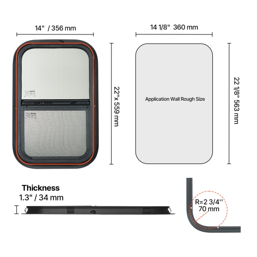 VEVOR 14" W x 22" H Vertical RV Window, Tinted Window with Net Screen & Trim Ring, Fit 15/16"-1 3/4" Thickness Wall, RV Window Replacement for Cargo