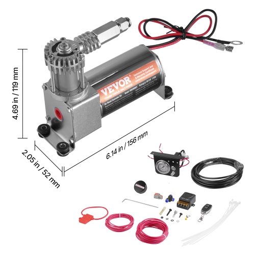 VEVOR 12V 100PSI Air Shock Controller Kit, On Board Air Compressor System, Air Ride Suspension Compressor Kit with Single Path System, Pressure Gauge