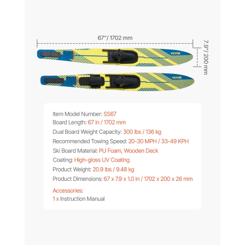 VEVOR 67" Water Skis, Adult Water Ski with X-9 Adjustable Horseshoe Bindings & Padded Rear Toe Plate, High-gloss UV Coating Waterskis Combo for