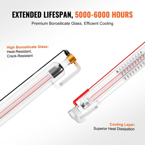 VEVOR 60W CO2 Laser Tube, 49.2in Length, 2in Dia Borosilicate Glass Laser Cutter Tube with Metal Head, 5000-6000hr Wires Preconnected for Laser