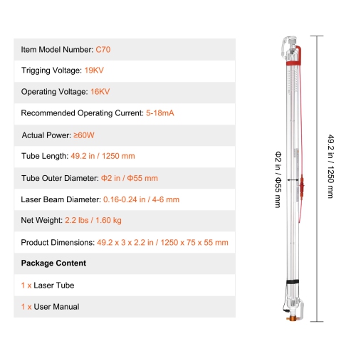 VEVOR 60W CO2 Laser Tube, 49.2in Length, 2in Dia Borosilicate Glass Laser Cutter Tube with Metal Head, 5000-6000hr Wires Preconnected for Laser