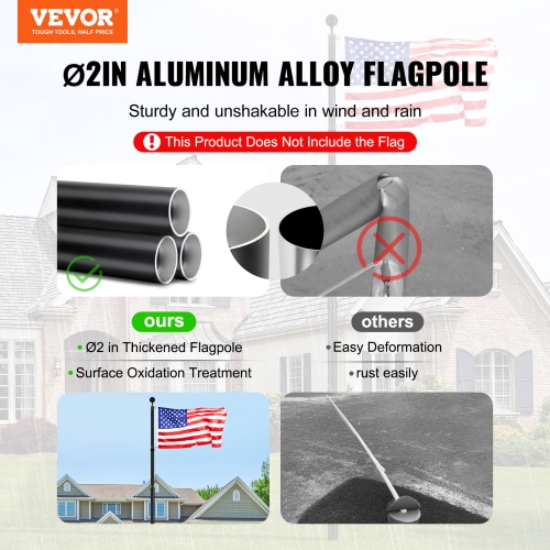 VEVOR 25FT Telescopic Flagpole Kit, Heavy Duty Aluminum Alloy Flag Pole Kit in Ground for Outside, 3 Display Modes Flagpole with Professional