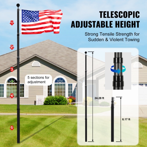 VEVOR 25FT Telescopic Flagpole Kit, Heavy Duty Aluminum Alloy Flag Pole Kit in Ground for Outside, 3 Display Modes Flagpole with Professional