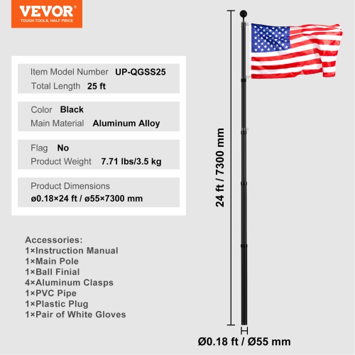 VEVOR 25FT Telescopic Flagpole Kit, Heavy Duty Aluminum Alloy Flag Pole Kit in Ground for Outside, 3 Display Modes Flagpole with Professional