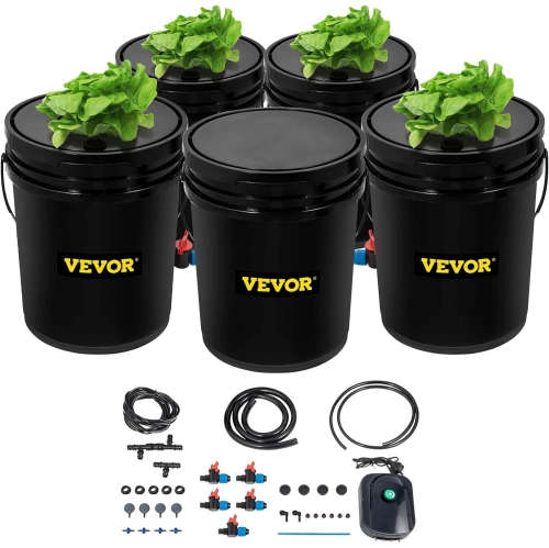 VEVOR 5 Gallon 5 Buckets DWC Hydroponic System, Deep Water Culture Growing Bucket, Hydroponics Grow Kit with Pump, Air Stone and Connected Reservoir,