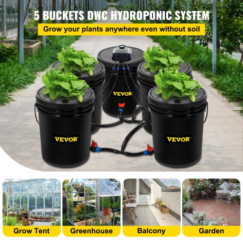VEVOR 5 Gallon 5 Buckets DWC Hydroponic System, Deep Water Culture Growing Bucket, Hydroponics Grow Kit with Pump, Air Stone and Connected Reservoir,
