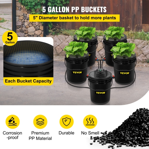 VEVOR 5 Gallon 5 Buckets DWC Hydroponic System, Deep Water Culture Growing Bucket, Hydroponics Grow Kit with Pump, Air Stone and Connected Reservoir,
