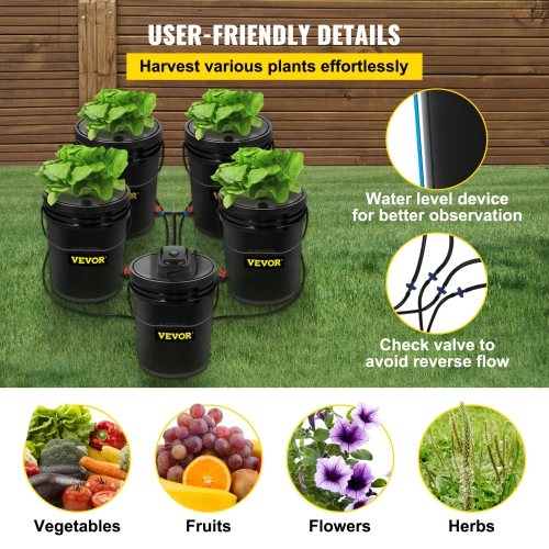 VEVOR 5 Gallon 5 Buckets DWC Hydroponic System, Deep Water Culture Growing Bucket, Hydroponics Grow Kit with Pump, Air Stone and Connected Reservoir,