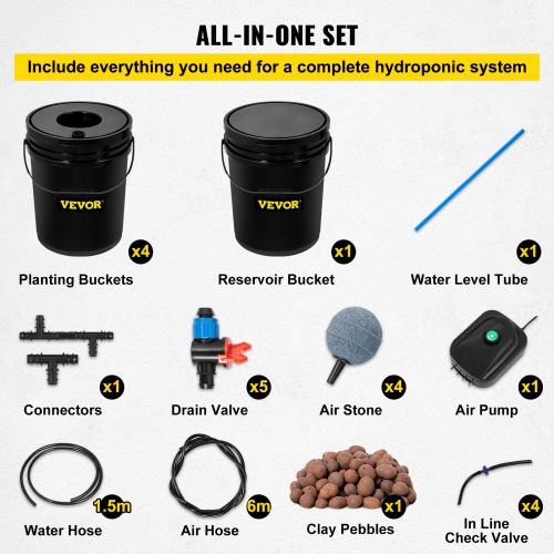 VEVOR 5 Gallon 5 Buckets DWC Hydroponic System, Deep Water Culture Growing Bucket, Hydroponics Grow Kit with Pump, Air Stone and Connected Reservoir,