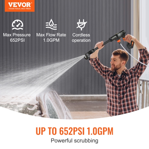 VEVOR 652-PSI 1GPM Cordless Pressure Washer, Portable Power Cleaner, High-Pressure Car Washer Gun with 4Ah Battery, Charger, 6-in-1 Nozzle, for
