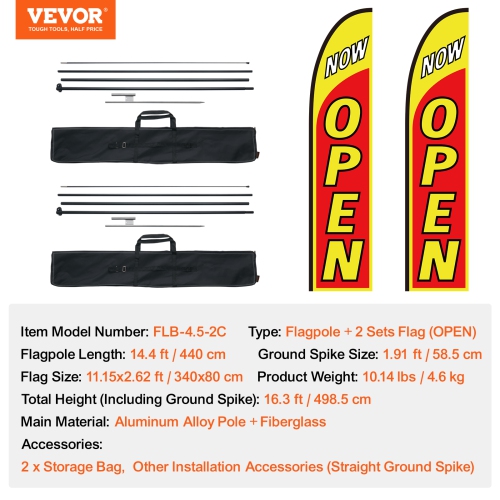 VEVOR 16.3 FT Open Flags with Pole Kit, Advertising Flags for Business, Feather Flag Kit, with 2 Banner Flags, 2 Poles, 2 Ground Stakes, Open Sign