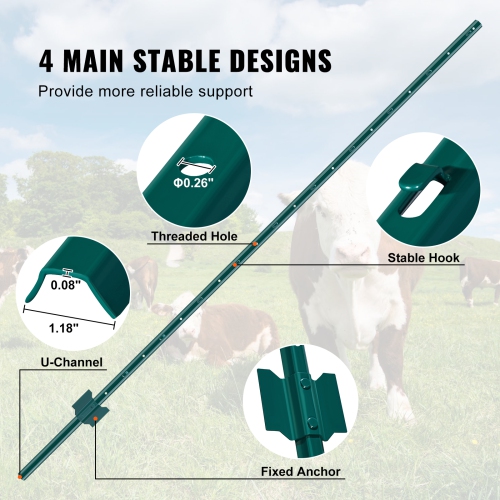 VEVOR 6 Feet Fence Post, 10 Pack U-Channel Heavy Duty Metal Fence Posts, Sturdy Steel Fence Stakes for Garden Yard, Lawn, Farms and Outdoor Wire