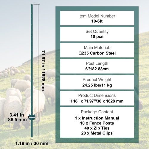 VEVOR 6 Feet Fence Post, 10 Pack U-Channel Heavy Duty Metal Fence Posts, Sturdy Steel Fence Stakes for Garden Yard, Lawn, Farms and Outdoor Wire