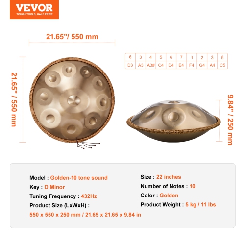 Tambour de 22&nbsp;po et 10 notes VEVOR, tambour de main D Minor, instrument de tambour à main avec maillets, support et sac de transport de