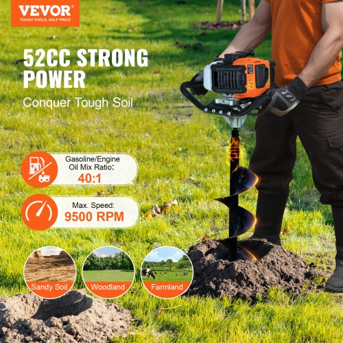 VEVOR 52CC Post Hole Digger Gas Powered, 1450W Earth Auger, with 8" Auger Drill Action Design Bit & 1 Extension Rod, Post Fence Hole Digger for
