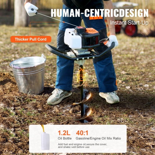 VEVOR 52CC Post Hole Digger Gas Powered, 1450W Earth Auger, with 8" Auger Drill Action Design Bit & 1 Extension Rod, Post Fence Hole Digger for