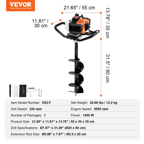 VEVOR 52CC Post Hole Digger Gas Powered, 1450W Earth Auger, with 8" Auger Drill Action Design Bit & 1 Extension Rod, Post Fence Hole Digger for