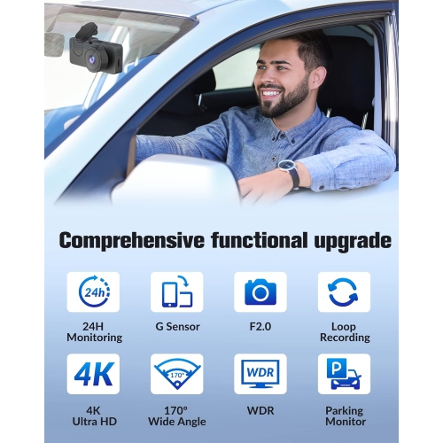 Caméra de tableau de bord pour voitures,Caméra de voiture HD intégrale avant arrière avec vision nocturne,Écran IPS 2,0&nbsp;po,Grand-angle 170°,Mode