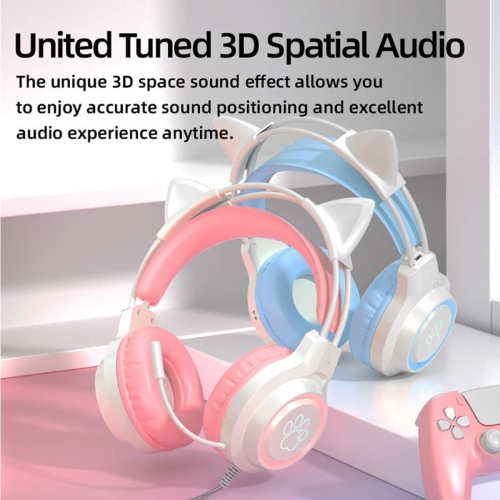 [Dream Blue] Cat Ear Gaming Headset｜3.5mm/USB Dual Mode｜Colorful Gradient RGB｜360° Noise Cancelling Microphone｜Wide Compatibility with Multiple