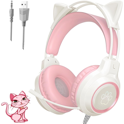 [Sweetheart Pink] LED Cat Ear Gaming Headset｜40mm Strong Magnetic Unit｜RGB Dynamic Breathing Light｜Girls’ Hearts Burst｜Birthday Gift for Girls