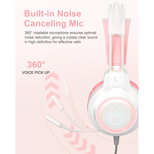 [Sweetheart Pink] LED Cat Ear Gaming Headset｜40mm Strong Magnetic Unit｜RGB Dynamic Breathing Light｜Girls’ Hearts Burst｜Birthday Gift for Girls