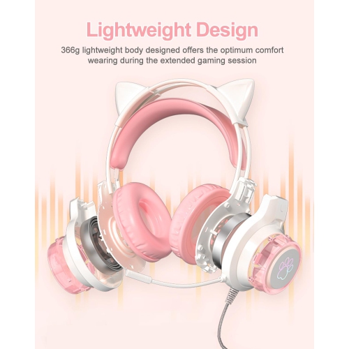 [Sweetheart Pink] LED Cat Ear Gaming Headset｜40mm Strong Magnetic Unit｜RGB Dynamic Breathing Light｜Girls’ Hearts Burst｜Birthday Gift for Girls