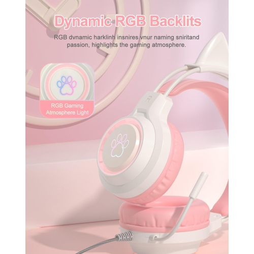 [Sweetheart Pink] LED Cat Ear Gaming Headset｜40mm Strong Magnetic Unit｜RGB Dynamic Breathing Light｜Girls’ Hearts Burst｜Birthday Gift for Girls