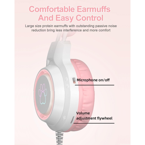 [Sweetheart Pink] LED Cat Ear Gaming Headset｜40mm Strong Magnetic Unit｜RGB Dynamic Breathing Light｜Girls’ Hearts Burst｜Birthday Gift for Girls