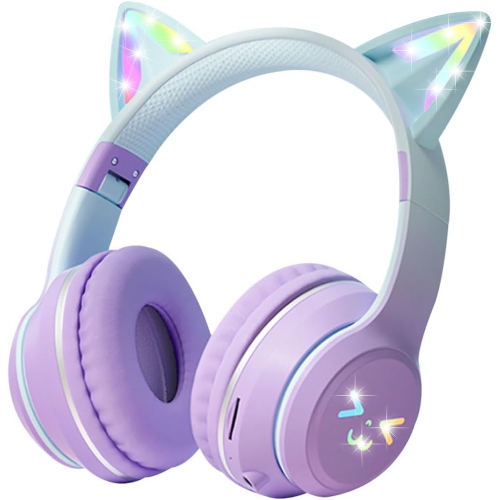 [Gradient Purple] Purple Light Cat Ear Headphones | Bluetooth 5.0 + Wired Dual Mode | 3D Stereo Surround | Long-lasting Battery Life | Easy to Carry