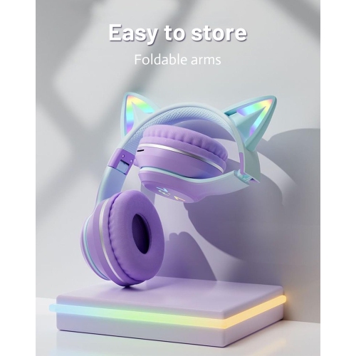[Gradient Purple] Purple Light Cat Ear Headphones | Bluetooth 5.0 + Wired Dual Mode | 3D Stereo Surround | Long-lasting Battery Life | Easy to Carry