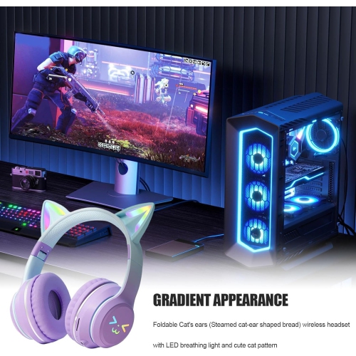 [Gradient Purple] Purple Light Cat Ear Headphones | Bluetooth 5.0 + Wired Dual Mode | 3D Stereo Surround | Long-lasting Battery Life | Easy to Carry