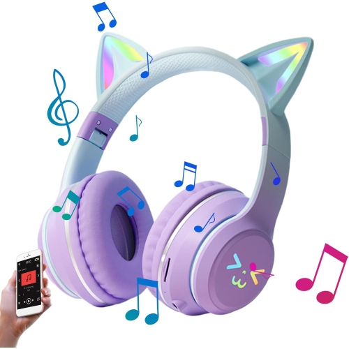 [Gradient Purple] Purple Light Cat Ear Headphones | Bluetooth 5.0 + Wired Dual Mode | 3D Stereo Surround | Long-lasting Battery Life | Easy to Carry