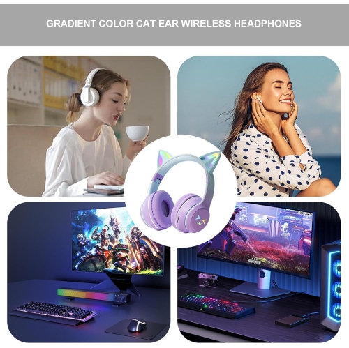 [Gradient Purple] Purple Light Cat Ear Headphones | Bluetooth 5.0 + Wired Dual Mode | 3D Stereo Surround | Long-lasting Battery Life | Easy to Carry