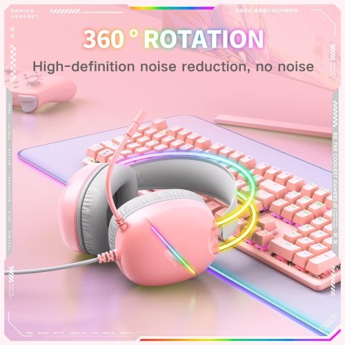 [Pink Girl] Casque de jeu avec fil rose | Effets lumineux RVB doux | Casque à isolation sonore en mousse à mémoire ultradouce | Microphone
