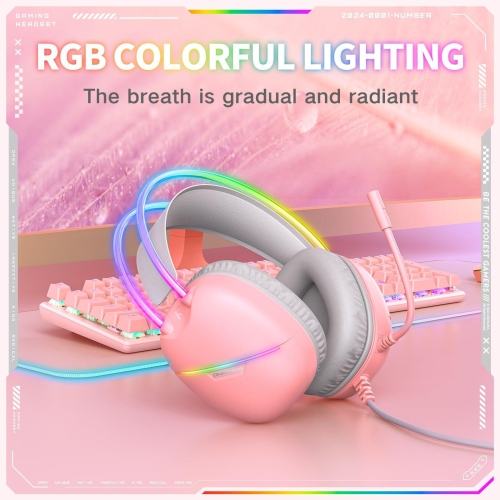 [Pink Girl] Casque de jeu avec fil rose | Effets lumineux RVB doux | Casque à isolation sonore en mousse à mémoire ultradouce | Microphone