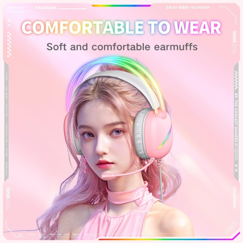 [Pink Girl] Casque de jeu avec fil rose | Effets lumineux RVB doux | Casque à isolation sonore en mousse à mémoire ultradouce | Microphone